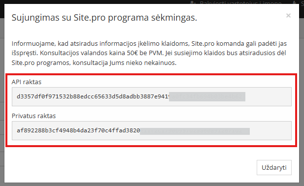 API rakto ir privataus rakto rodymo langas
